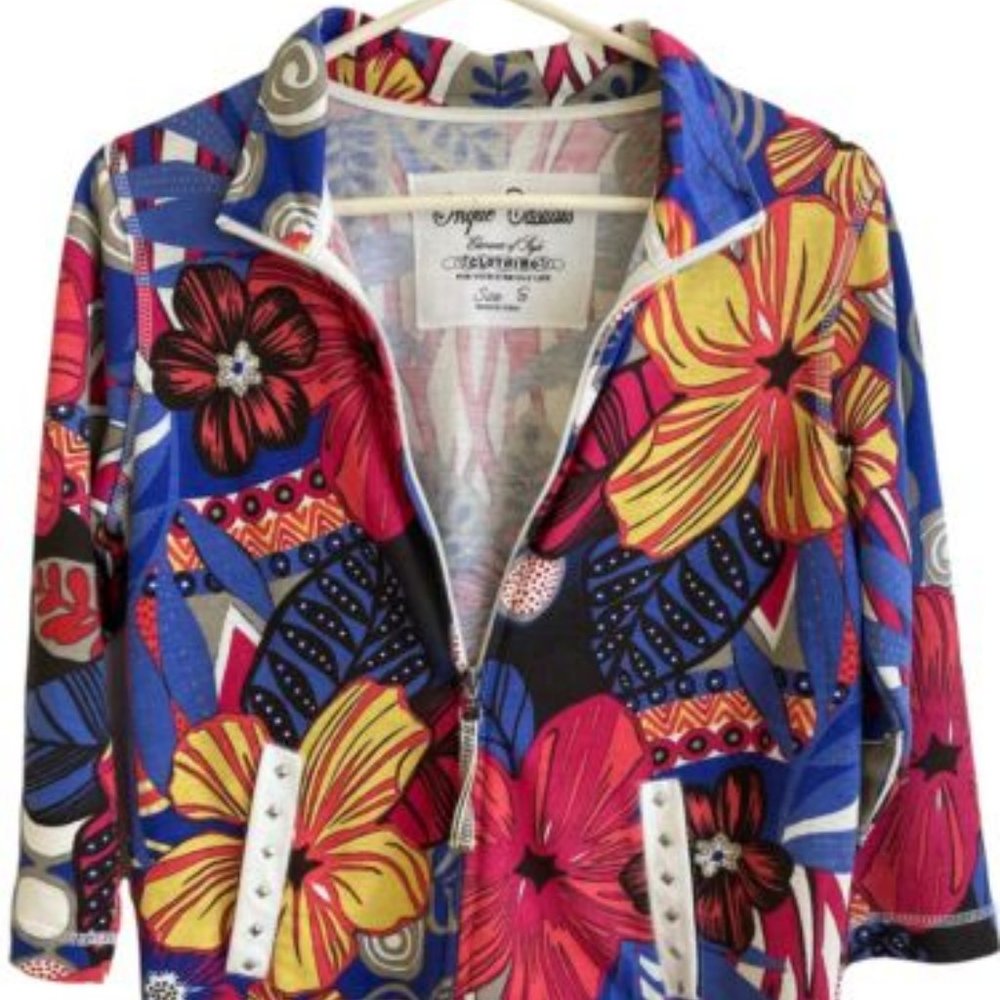 Onque Casual Women's Size S Zip Up Fleece Jacket Multicolor Flower Colla…